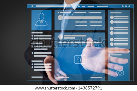 Web page browser of Social media Page VR Interface on the laptop computer. business man with an open hand as showing something concept
