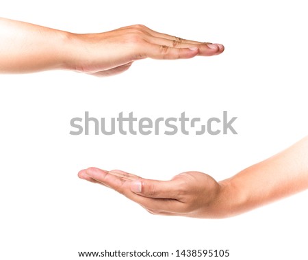 Hands showing gestures, protection or measuring size of something. Isolated background. Royalty-Free Stock Photo #1438595105