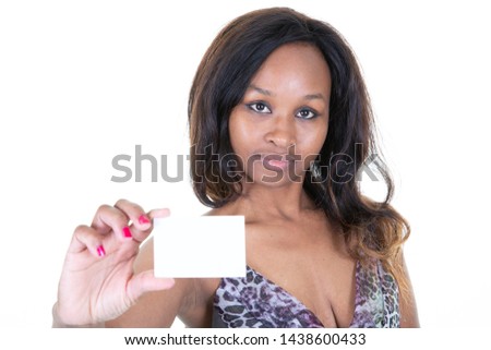 african american woman holding white moke up business card in empty background