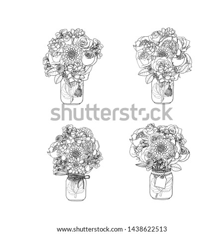 Hand drawn doodle style bouquets of different flowers: succulent, peony, rose, dahlia, stock flower, sweet pea. isolated on white background. stock vector illustration
