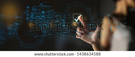 Businesswoman Hand working with Standard Quality Control Certification Assurance Guarantee Internet Business Technology Ui. Royalty-Free Stock Photo #1438634588