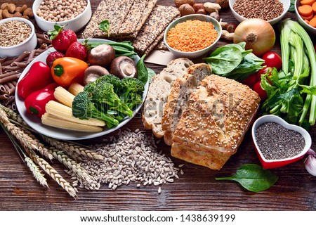 Healthy natural ingredients  containing  dietary fiber. Healthy high fiber diet eating concept with antioxidants and vitamins Royalty-Free Stock Photo #1438639199
