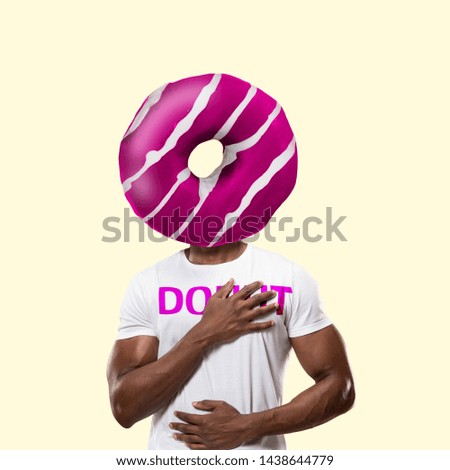 An altrnative sweets or donut as a head of a man against yellow background. Negative space to insert your text or ad. Modern design. Contemporary art. Creative conceptual and colorful collage.