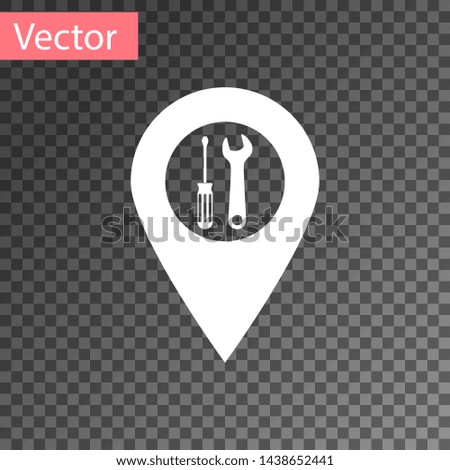 White Location with crossed screwdriver and wrench tools icon isolated on transparent background. Pointer settings symbol.  Vector Illustration