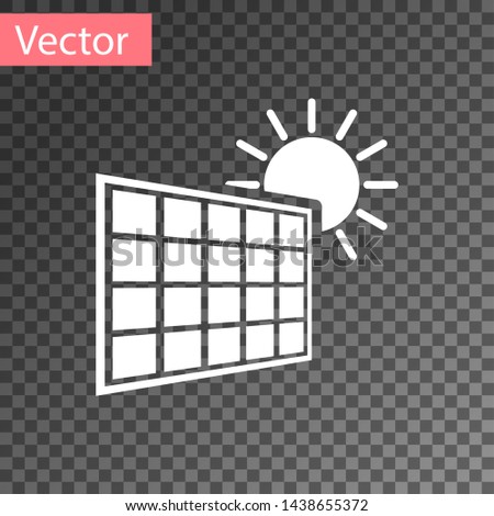 White Solar energy panel and sun icon isolated on transparent background. Vector Illustration