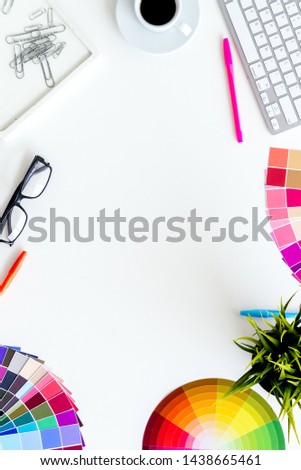 Designer work space with pallet, glasses, keyboard and coffee on white background top view mockup