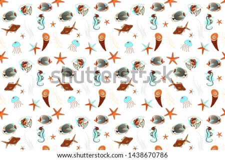 Classical tropical sea, wave, fishes, corals, fashion seamless pattern in blue, white and brown colors. Embroidery sea life, sea, clown fish, tropical fishes seamless pattern. Fashionable clothes.