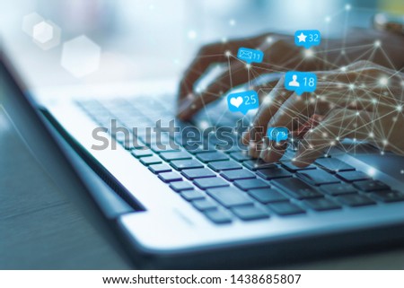  Businesswoman laptop using ,Social, media, Marketing concept . blue tone