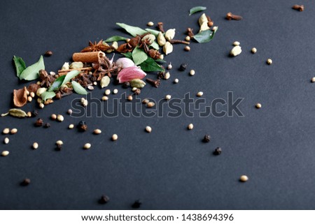 Set of various spices on black background. Pepper, turmeric, paprika, chilly, cumin, cloves, coriander, cardamom, cinnamon, anise. Top view with copy space.