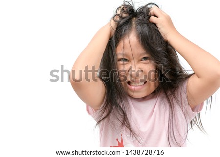 Girl itchy his hair or frustrated and angry kid isolated white background, problem Health concept