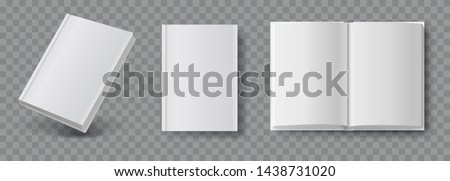 Blank book mockup. Set of book template in different views isolated on transparent background. Realistic blank booklet cover, white brochure surface vector set.