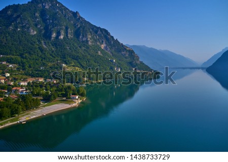 Aerial photography with drone. Panoramic view of Lake Idro in the north of Italy In the Alps.