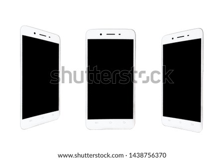 3 smartphones on a white background, black screen blank , Side view