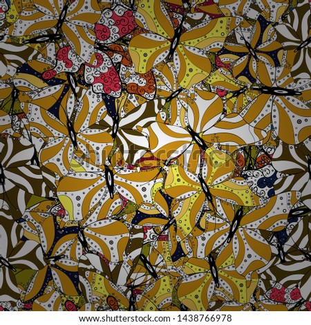 Vector. Abstract seamless background. Illustration on black, yellow and white colors. Fashion Fabric Design. Butterflies pattern.