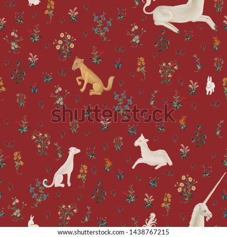 Drawn seamless pattern in medieval tapestries style with different animals and unicorn on deep red background