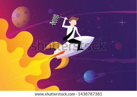 Businessmen holding a flag sitting on a rocket ship flying through the starry sky. Start the business concept