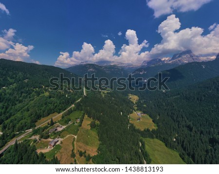Aerial photography with drone. Great view of the Madonna di Campiglio Italy ski resort summer time.