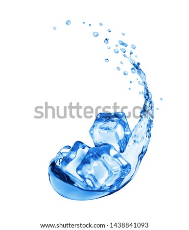 Three ice cubes with water splashes, isolated on white background
