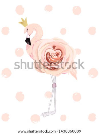 Card with cute flamingo and rose. Vector glamour illustration. Watercolor style 