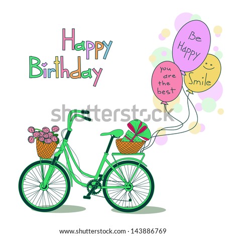 Greeting card for Birthday with bicycle and balloons