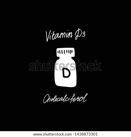 Vitamin D symbol clip art drawing. Medicine handpainted vector icon. Textured white on black isolated
illustration made in funny flat doodle style.