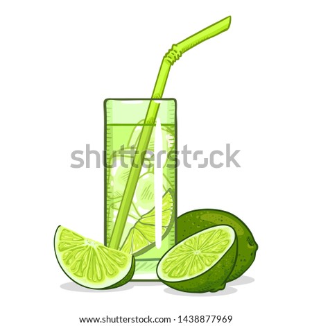 Vector Cartoon Illustration - Lime Lemonade with Ice and Lime Fruits