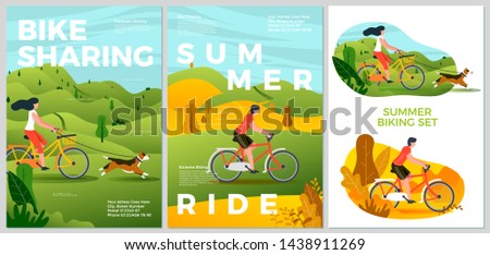 Vector summer posters set - bike riding activities. Forests, trees and hills on background. Print template with place for your text.