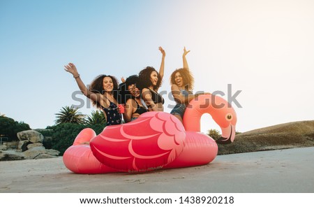 Young women sitting on a inflatable pool toy on a sea shore. Girls sitting together on a inflatable swan at the beach on a sunny day.