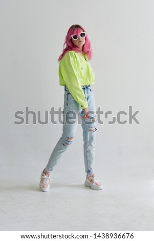 woman with pink hair full length style fashion clothes