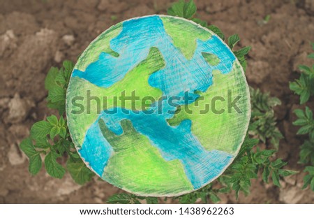 Painted planet earth lies in the garden. Earth day holiday concept. Protection and love of earth
