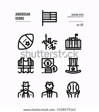 American line icon set 1. Include USA flag, rugby ball, freedom monument and more. Outline icons Design. vector