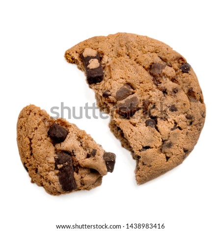 Chocolate chip cookie with chocolate pieces  isolated on white background. Top view