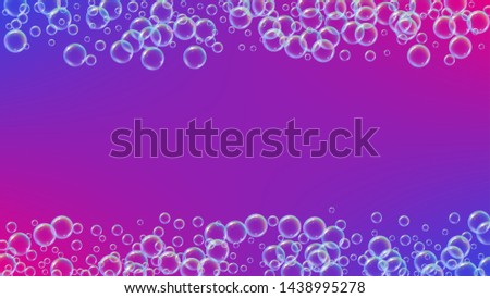 Shampoo bubble. Detergent bath foam, suds and soap for bathtub. 3d vector illustration banner. Trendy fizz and splash. Realistic water frame and border. Purple colorful liquid shampoo bubble.