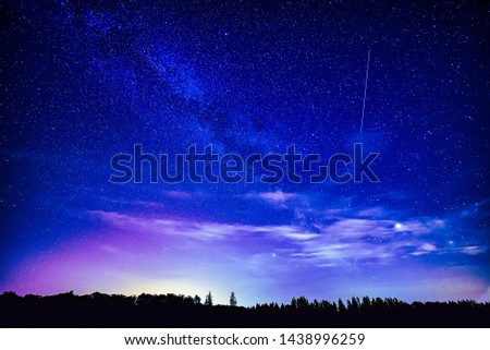 Midsummer Milky Way, Jupiter and Saturn Planets, star Vega and shooting star in the night sky.
