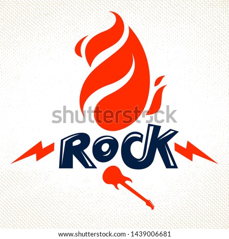 Flames lightning bolt and typing Rock vector emblem or logo, Rock and Roll, Hard Rock, Punk and Heavy Metal music styles label, music festival concert or club ad.