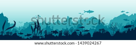 Silhouette of fish and algae on the background of reefs. Stock vector illustration. Panoramic wallpaper with the underwater world. Underwater landscape. eps 10 vector  Royalty-Free Stock Photo #1439024267