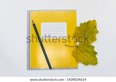 Education and back to school background. School notebook, pencil and autumn leaves isolated on white background top view. 
