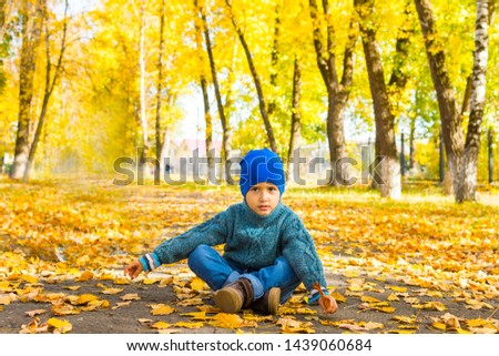 boy in sweater and hat sitting in autumn Park on the ground