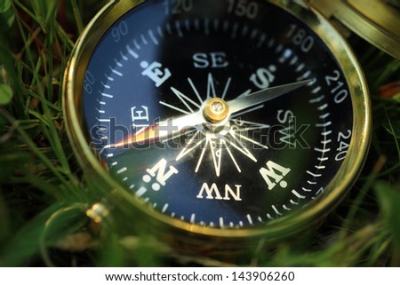 Golden compass on green grass