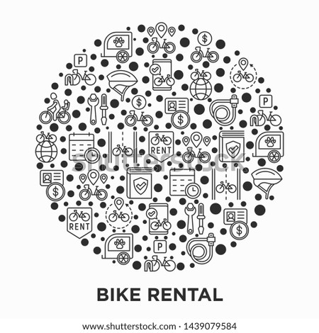 Bike rental concept in circle with thin line icons: rates, bicycle tours, pet trailer, padlock, helmet, child seat, sharing, pointer, deposit, mobile app, cycling route. Modern vector illustration.