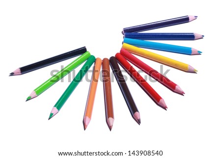 colored pencils neatly lined up in a semicircle on a white background
