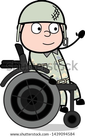 Sitting on Wheel Chair and Gesturing with Hand - Cute Army Man Cartoon Soldier Vector Illustration