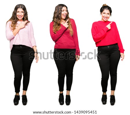 Collage of beautiful young woman over white isolated background cheerful with a smile of face pointing with hand and finger up to the side with happy and natural expression on face