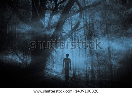 scary ghost in dark fantasy forest at night