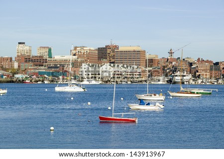 Portland Harbor boats with south Portland skyline, Portland, Maine