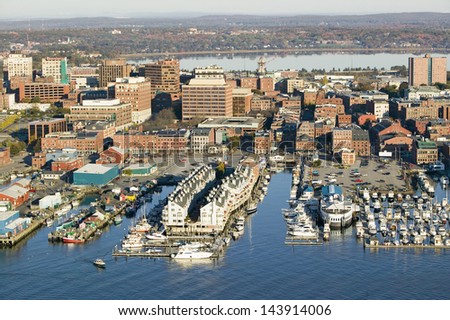 Downtown Portland Harbor with view of Maine Medical Center, Commercial street, Old Port and Back Bay.