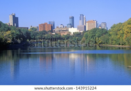 Morning view of Minneapolis skyline from Interstate 94, MN