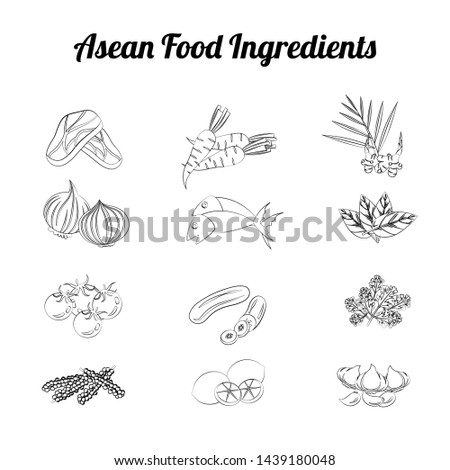 outline clip art of asean food ingredients set bundle include vegetables and meat in gradient cartoon design,vector illustration