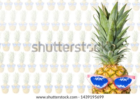 Pineapple with Sunglasses. Pineapple wearing Fashion Sunglasses overlay on top of repeating faded pineapple with sunglasses pattern. Room for text or image over lay. 
