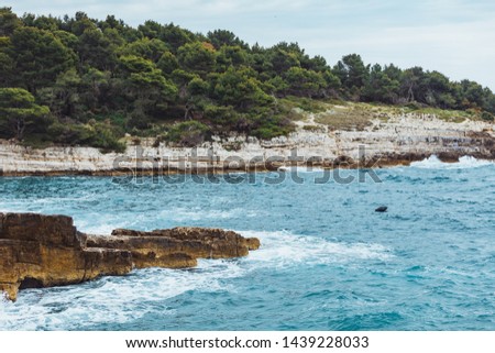 landscape view stormy sea water. rocky cliff. background
